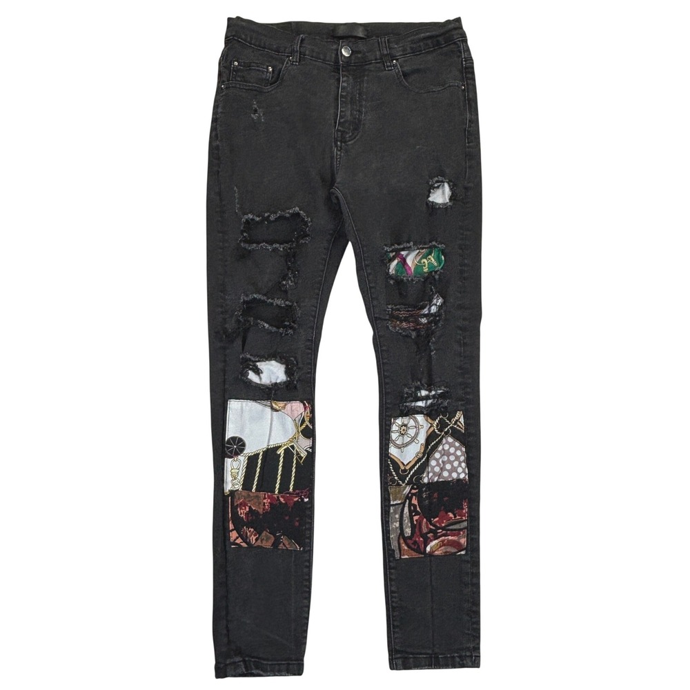 Amiri Mens Black Distressed Scarves Artwork Patched Ripped Slim Fit Jeans 32x30